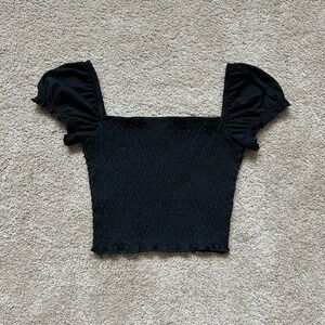 H&M Black Smocked Puff Sleeve Crop Top